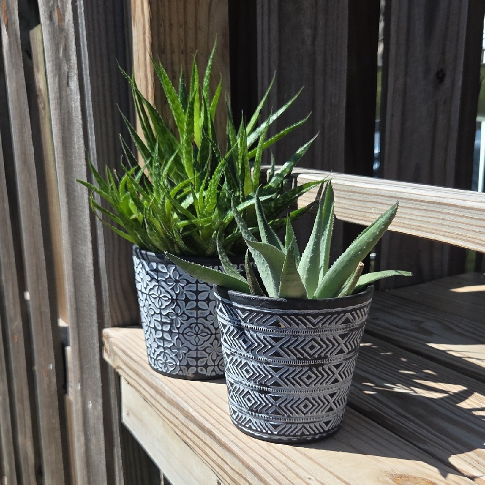 Aztec Geometric Embossed Ceramic Pottery 4.5" Planter Set Of Two